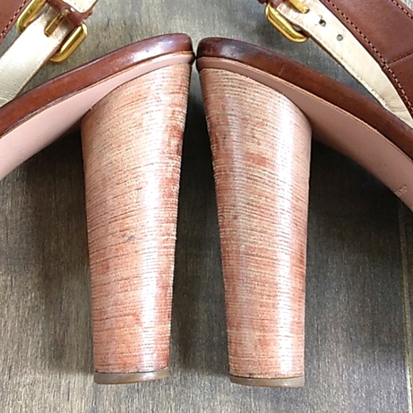 PRADA BROWN LEATHER PEEP TOE CORK HEELS WOMANS 39/9. - Picture 7 of 13